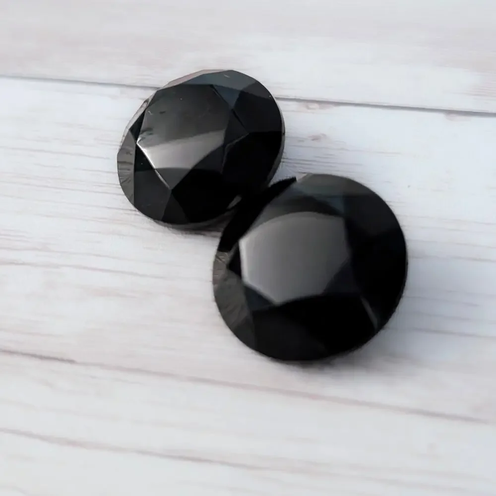Vintage Clip On Earrings Black Glass? Faceted Circle Large 15/16